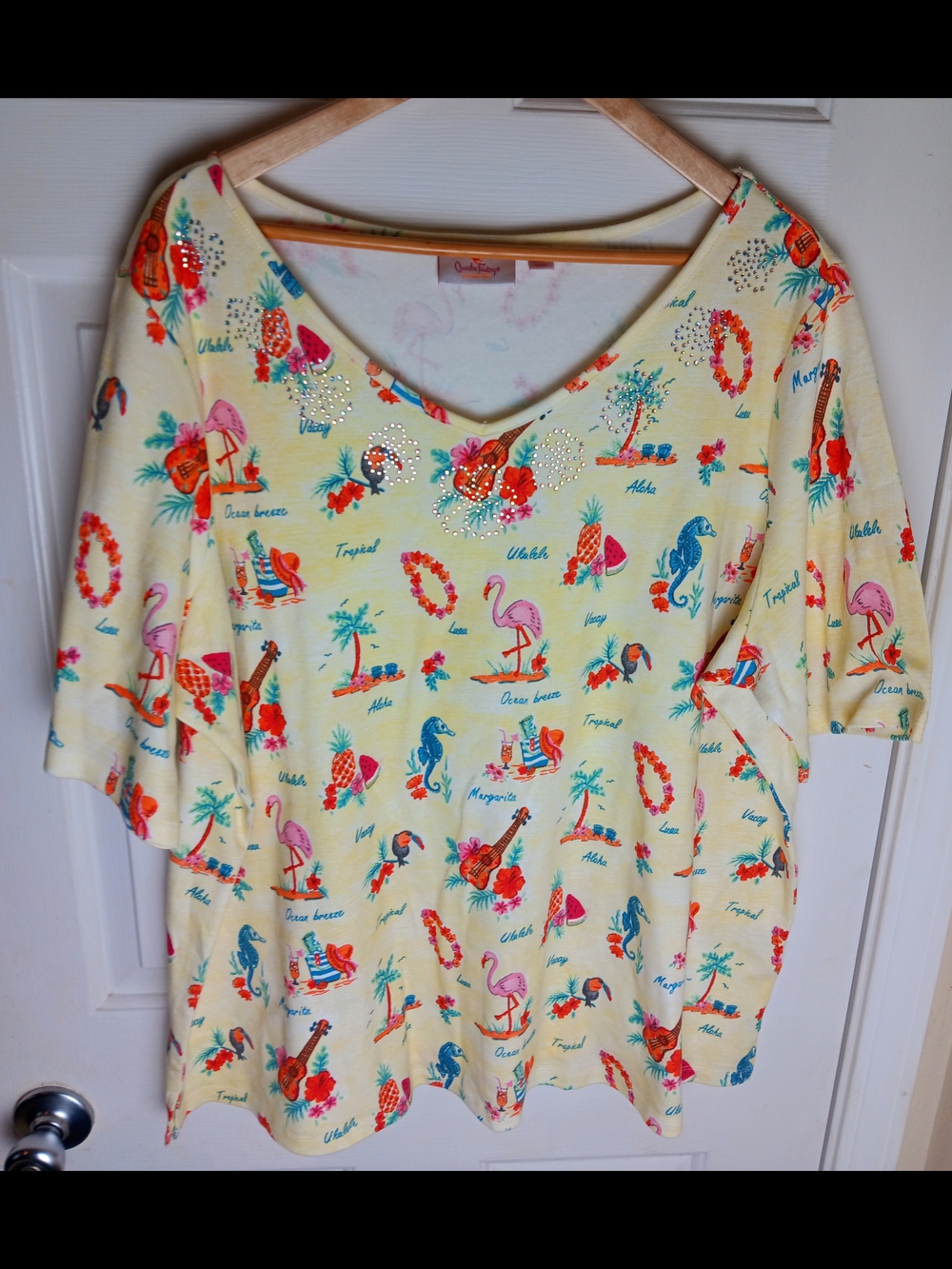Quacker Factory Womens 2X S/S Top with Rhinestones Tropical Vacation Flamingo